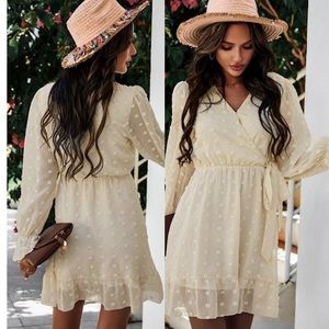 NEW! Boho Swiss Dot Long Sleeve Faux Wrap Dress S M L XL Ivory Cream